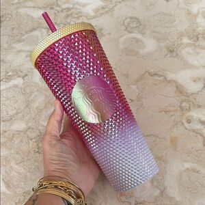 NWT Starbucks 2024 Ruby Iridescent White & Gold Gradient Studded Bling Tumbler